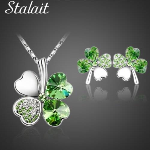 Fashion Wedding Jewelry Sets For Brides Austrian Crystal Rhinestones Gold Color Lucky Clover Necklace Earrings Jewelry Set