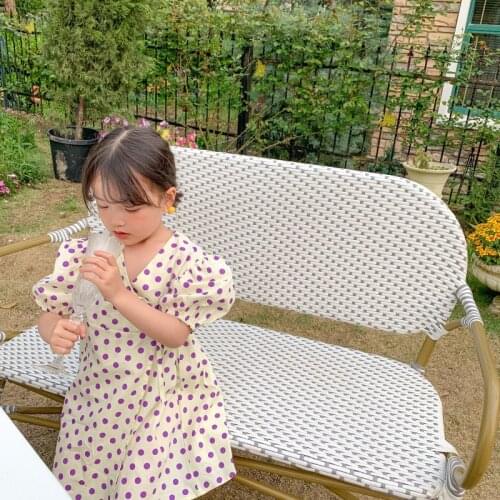 Summer New Arrival Korean style cotton girls dress dot pattern short sleeve sweet girls dress for cute baby girls