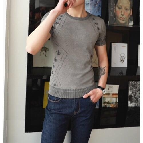 New mens sweater pullover round neck T-shirt slim sweater round neck short sleeve casual bottoming shirt