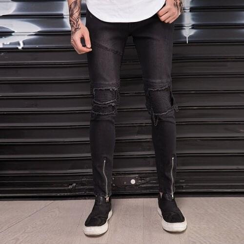 New Vintage Men Skinny style Hem Zipper Biker Jeans Motorcycle High quality Ripped Knee Stretch Men Joggers Hip-hop Denim Pants