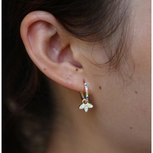 Genuine 100% 925 Sterling Silver vermeil dainty earring dangling leaf charm with rainbow cz circle fine delicate jewelry