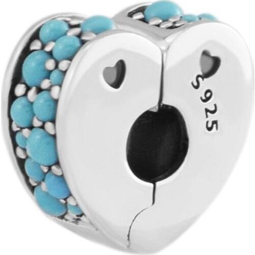 100% 925 Sterling Silver Cyan Blue Arcs of Love Clip Charms Beads for Jewelry Making Fits Original Bracelets