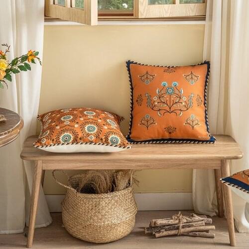 Luxury Floral Print American Cushion Cover Cozy Blending Square Pillow Cases For Sofa 45x45cm Orange Bohemia Style Vintage