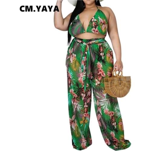 CM.YAYA Women Set Plus Size Print Bandage Halter Bra Tops Loose Straight Long Pants 2 Piece Set Female Fashion Outfit Summer