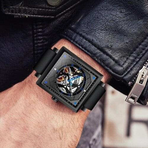 SOLLEN Square Black Mechanical Watches Mans Transparent Skeleton Ruber Band Automatic Watch Sport Male Clock SL-205