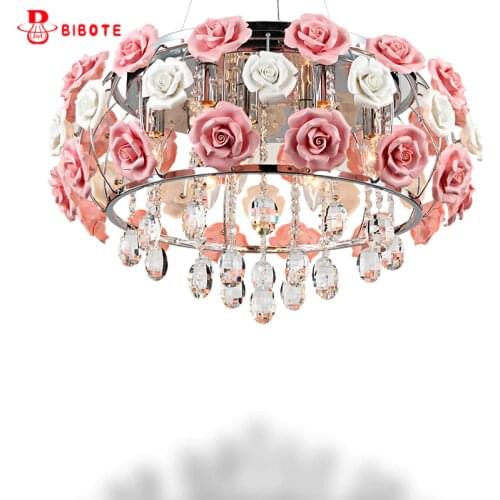 Modern Led Crystal Chandelier Lighting Ceramics Rose Flower Style Chandeliers Ceiling For Living Room Bedroom With E14 Led Bulbs