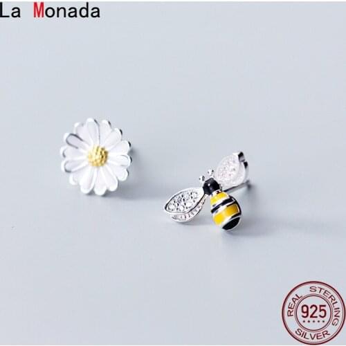 La Monada Asymmetrical Bee Flower Earings Studs 925 Sterling Silver Fine In Jewelry Stud Earrings For Women Silver 925 Korean