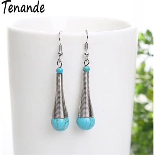 Tenande Vintage Long Bohemian Dangle Earrings for Women Multi Layer Alloy Natural Stone Microphone Earrings Jewelry Party Gifts