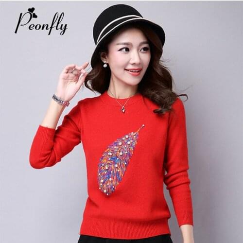 PEONFLY Fashion Leaf Embroidery Beading Autumn Winter Pullovers Sweater Women Jumper 2019 Korean Knitted Sweater Female Red