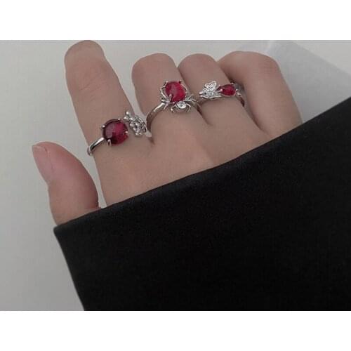 VSnow Fashion Vintage Red Gemstone Butterfly Flower Ring for Women Girls Open Adjustable Metal Spider Index Finger Ring Jewelry