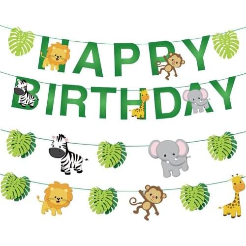 1set Jungle theme Animals Happy Paper Banner Decoration Kids Birthday Balloons Safari Party Decor