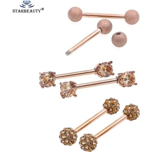2Pcs New Style Rose Gold Crystal Surgical Steel NipplePiercing 14G Starght Bar Lip Bar Stud Nose Ear Nipple Ring Hoop