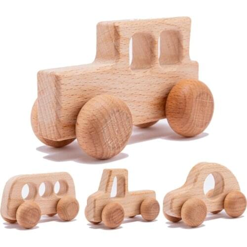 4pc Wooden Baby Car Toys Beech Wooden Blocks Animal Dogs Cartoon Educational Montessori Toys For Children Teething Baby Teether