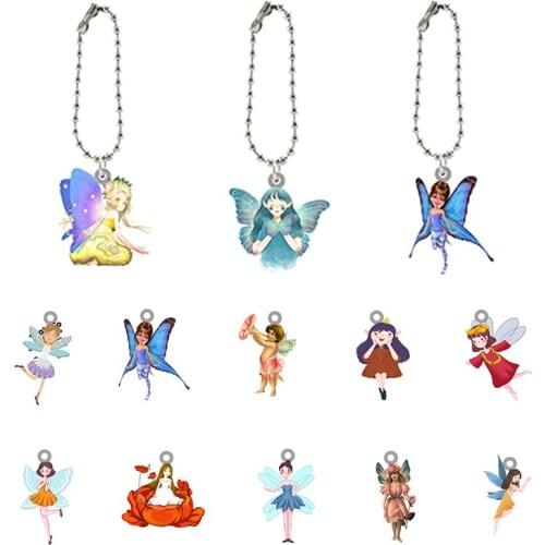 Disney Fairies Keychains Butterfly Elf Pattern Shape Acrylic Bag Pendant Key Ring Accessory Girls High Quality Jewelrys XDS1031