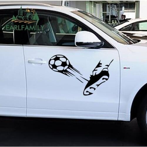 EARLFAMILY Soccer Ball Kick Shoe Flying Goal Football Men Girl Hood Decals Wall Sticker Graphics (one for Each Side) Car Sticker