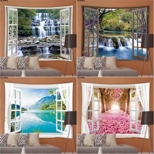 Window Landscape Tapestry Natural Scenery Forest Waterfall Hippie Background Wall Tapestries Bedroom Garden Tablecloths Decor