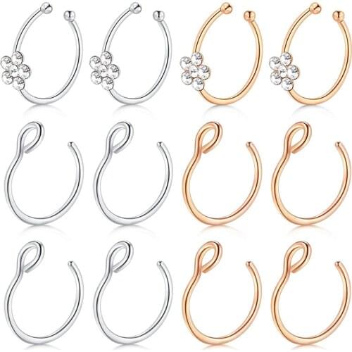 Fake Nose Rings Non-Pierced Clip on Nose Hoop Rings with Flower Crystal Faux Piercing Body Jewlery for Women