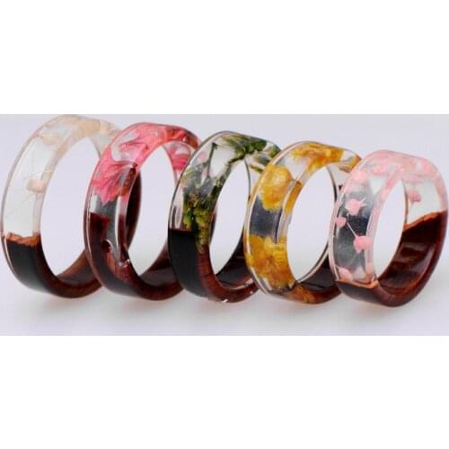 New Fashion Handmade Wood Resin Ring Dried Flowers Plants Inside Jewelry Resin Ring Transparent Ring for Women Party Jewelry