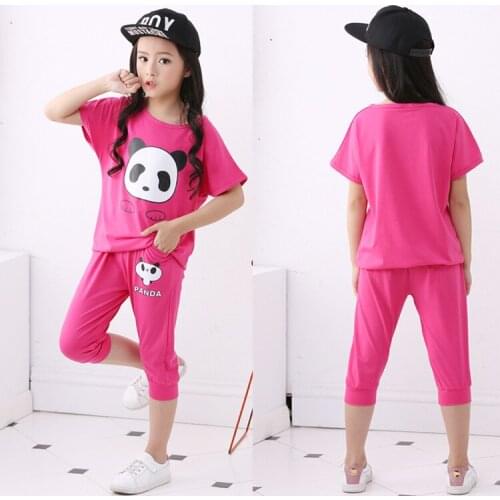 Summer clothes Sets tracksuit for girls print Panda kids cute suits Elastic force Cropped Trousers baby t shirt+Haren pants 2Pcs