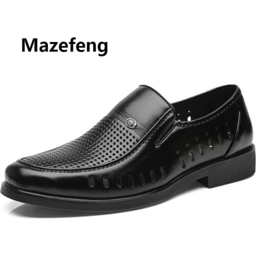 Mazefeng 2019 Fashion Summer Men Leather Casual Shoes Solid Men Hollowed Out Shoes Breathable Wear-resistant Male Shoes Slip-on