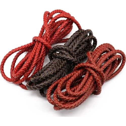 Mibrow 2m/lot 3/4/5/6mm Red Brown Vintage Round Braided Genuine Leather Cords Leather String Rope for Leather Bracelet Jewelry