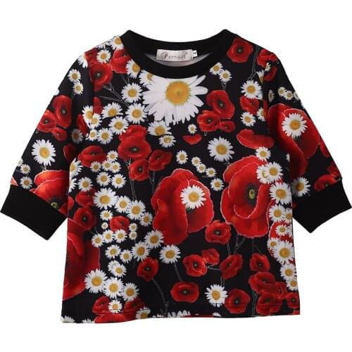 2021 New Girl T Shirt Black for Fall Printed Floral Cotton Kids Clothing Unique Stylish Outdoor Size 3 4 5 6 7 Years Old