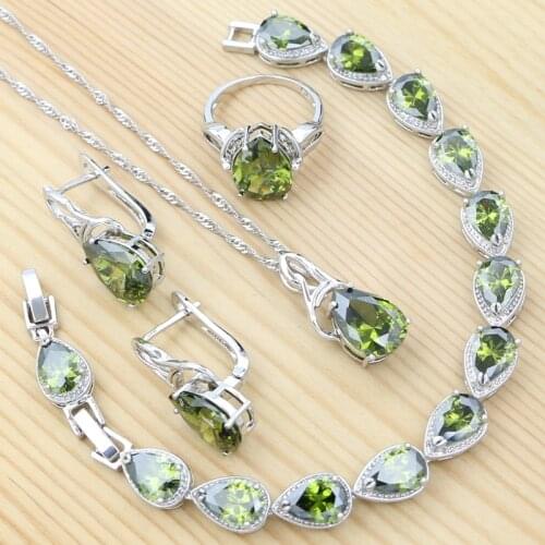 Olive Green Cubic Zirconia Drop Pendant Earrings Ring Bracelet Chain 925 Silver Jewelry Set for Women Wedding Accessories