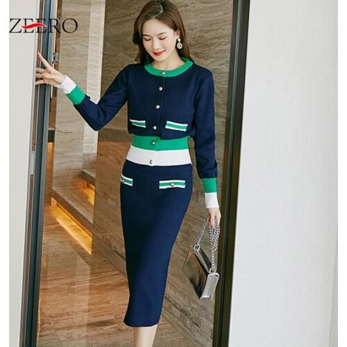 Autumn Winter Knitted 2 Piece Sets Women Striped Cardigan Coat Crop Top + Midi Skirt Set Suit Female Outfits Knit Set Crop Top