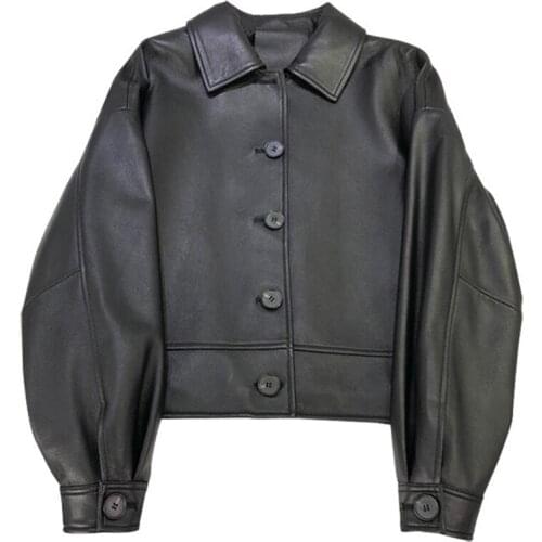 Autumn Womens Leather Jacket Lapel Single-Breasted Hoodless Long-Sleeved Loose-Fitting Ladies Jacket Sheep Leather Casual Style