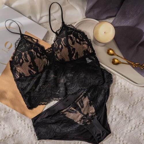 French-Style Sexy Lace Bra Set Womens Wireless Girls Ultra-Thin Triangle Cup Bralette Bras Lingerie Set Sexy Transparent Bra