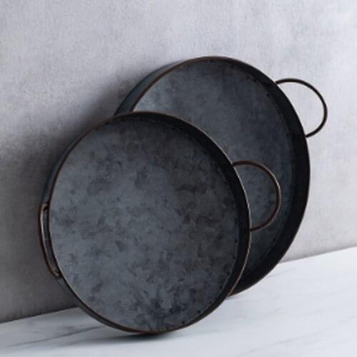Retro Round Iron Plate With Handles Metal Vintage Bread Tray Home Decoration Garden Restaurant Table Photographing WF