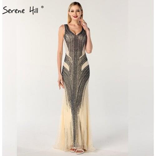 Dubai Design Grey Luxury V-Neck Evening Dresses Mermaid Sequined Beading Sexy Evening Gowns Serene Hill BLA60748