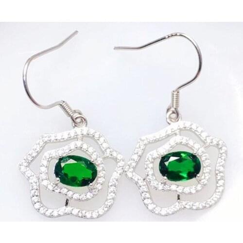 Natural real green diopside flower drop earring Per jewelry 5*7mm 0.9ct*2pcs gemstone 925 sterling silver Fine jewelry X218347
