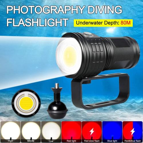 10000LM 50W 3-color LED Diving Flashlight 80m Underwater Scuba Dive Lantern Photography LED Light IPX8 Waterproof COB Flashlight