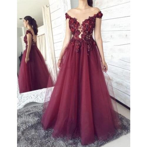 Burgundy Flowers Prom Dresses 2021 Off Shoulder Long Tulle Formal Evening Party Dress Celebrity Gown robe de soiree
