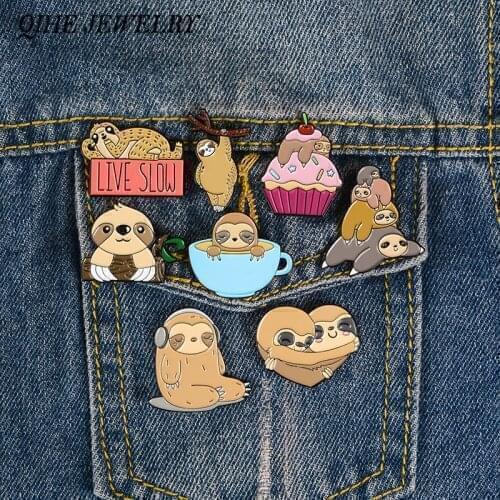 QIHE JEWELRY 8styles Sloth pin Sleeping Hanging Hugging lapel pins Badges Brooches for women girls Live Slow Jewelry Accessories