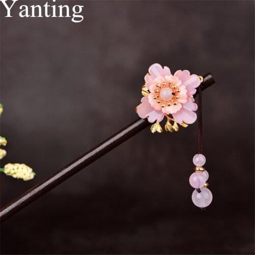 Yanting Romantic Pink Flower Hair Stick Wood Hair Accessories For Women Sweet Hairpins Head Jewelry Gift For Girls Women 0145