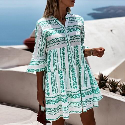 Summer Fashion Striped Print Dress For Women 2021 Casual Loose V-neck Ruffle Half Sleeve Woman Beach Vintage Mini Dress Vestidos