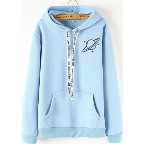Winter fleece casual planet printing womens solid color pullover pocket sweatshirts