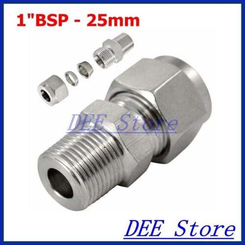 1"BSP x 25mm ID Double Ferrule Tube Pipe Fittings Threaded Male Connector Stainless Steel SS 304