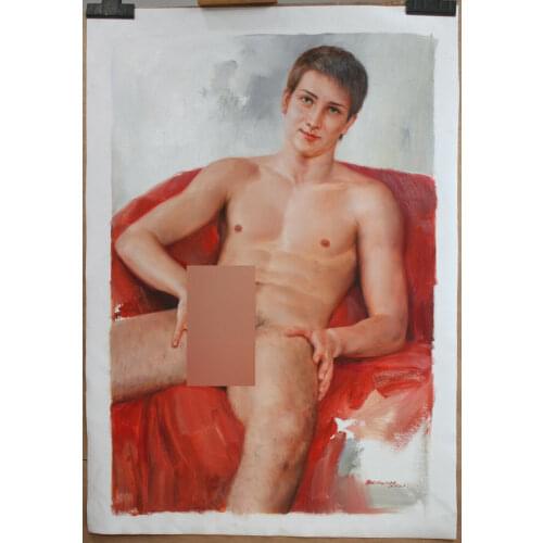 100%hand-painted Nude male original oil painting on canvas young men sitting in sofa 24"x36"