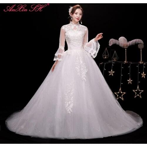 AnXin SH princess flower lace white wedding dress party vintage high neck long flare sleeve white train lace up wedding dress