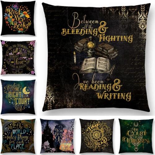 Hot Sale Black Golden Flowers Read Books Beautiful Language Gorgeous Words Decorative Letters Story Cushion Cover Pillow Case