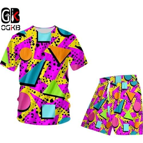 OGKB Summer Casual Tracksuit Set 3D Colorful Geometry Triangle Print T Shirts And Shorts Suit For Men/women Hip Hop Streatwear