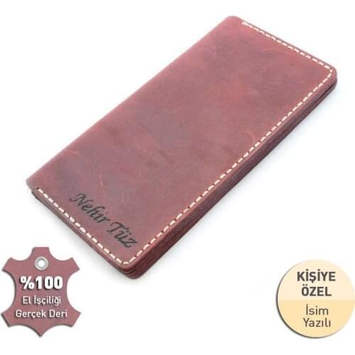 Tesbihane Beige İpten All Hand Stitching Red Crazy Calf skin Wallet