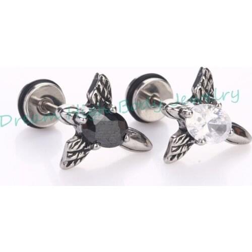 Cool Angel Clear Black Zircon Mens Earring Barbell Ear Stud Ring Nail Real Stainless Steel personality character Wholesale