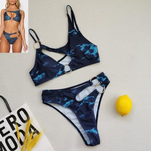 Summer Fashion Sexy Female Bikini Suit Tie-Dye Printed U-Neck Spaghetti Strap Top + Panties Two-Piece Swimsuit Beach Pool Party