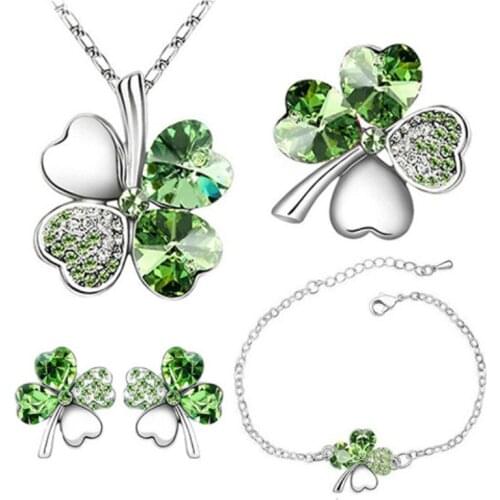 MIQIAO Silver Plated Color Leaf Collar Chain Necklace Stud Earring Bangle Bracelet Jewelry Sets for Women Wedding Gift Vintage