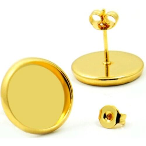 NO Fade) 10pcs 12mm Gold Color Copper Earring Base Studs Ear Cameo Settings Cabochon Base Tray Blank (With Back)