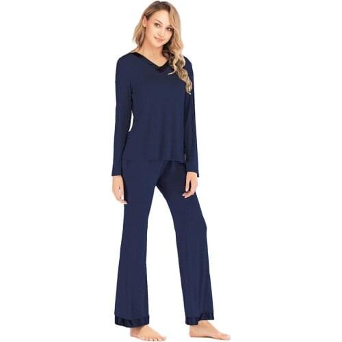 New Fashion Sleepwear Womens Rayon Home Clothes Cute Pajamas Long Sleeve Tops+Pants With Pure Color Casual Lounge Wear S-XXL